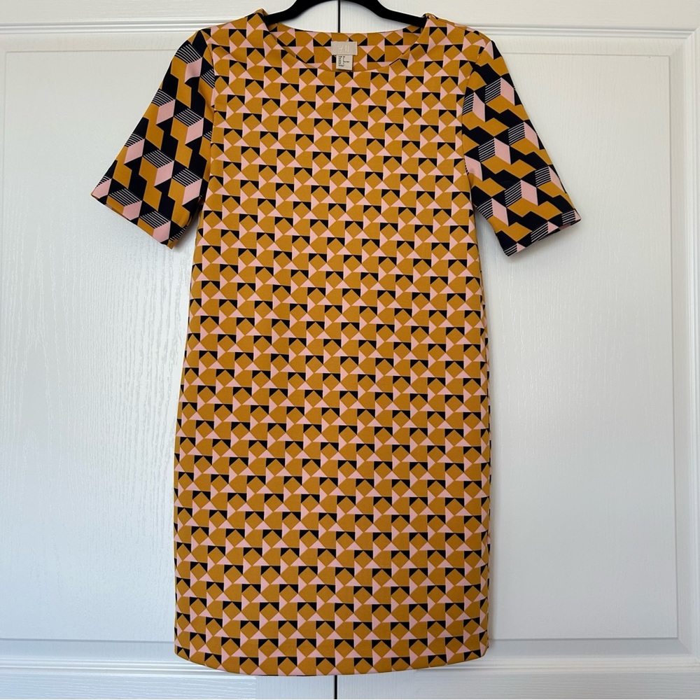 H&M Gold, Pink & Blue Geometric Pattern Short Sleeve Dress‎ Office Retro Sz 2